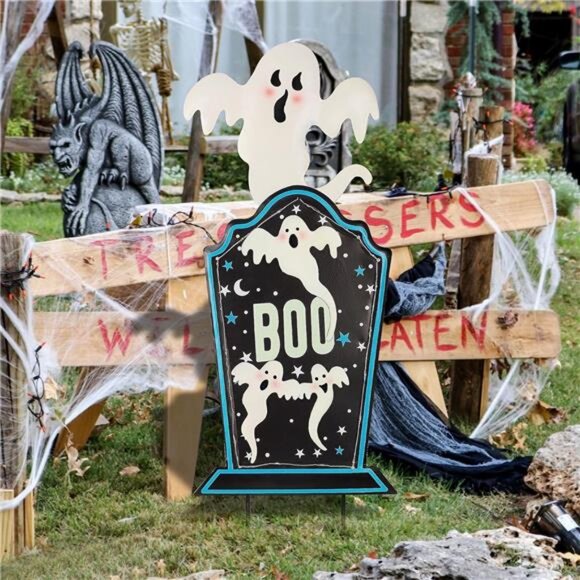 Halloween Yard Stake, 26.4" Solar Lighted Metal Tombstone with Glow in the dark - Picture 4 of 8